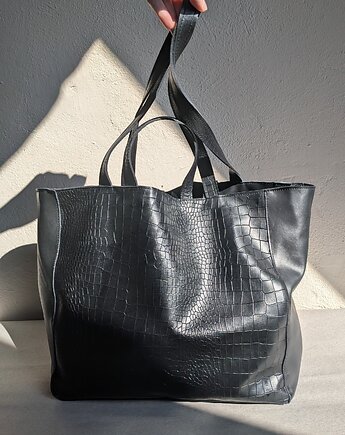 Duża miękka czarna torba skórzana, faktura krokodyla, Łagoda