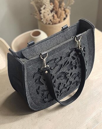 Torba na ramię z filcu - ażur roślinny - skóra naturalna - grafitowa, Beltrani