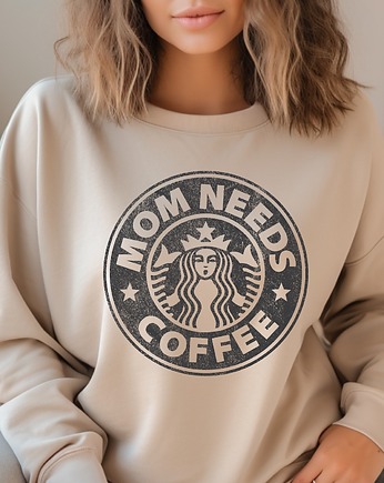 Beżowa Damska  Bluza oversize MOM NEEDS COFFEE, Pulcino shop
