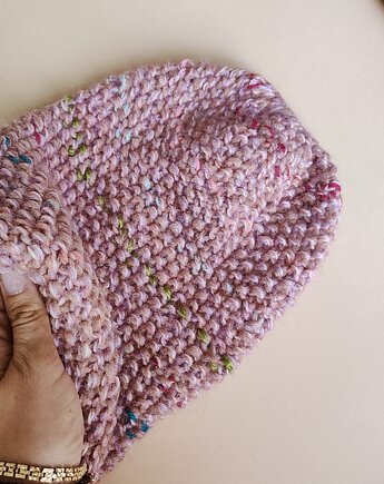 Czapka różowa beanie czapka PINK MELANGE, Po.dziergane