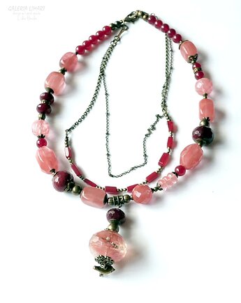 Kwarc różowy, wiśniowy i turmalin. Naszyjnik unikatowy handmade PREZENT lux, Galeria Limart