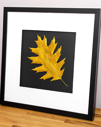 Obraz 3D. Złoty Liść Dębu. Przestrzenna ramka z passe-partout 40x40 cm, Kuźnia Obrazów