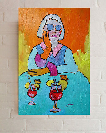 Obraz olejny do salonu diva babcia z drinkiem, alice oil on canvas