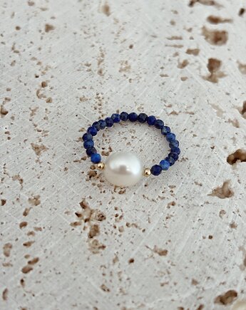 Pierścionek elastyczny Lapis Lazuli i Perły Naturalne, Chmolowska Jewellery