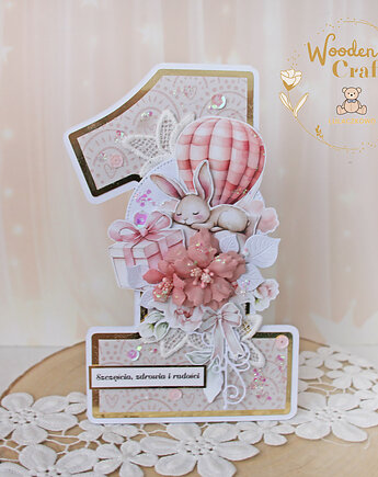 Urodzinowa kartka cyferka, prezent na roczek "Baby Bunny" GOTOWA, Lulaczkowo