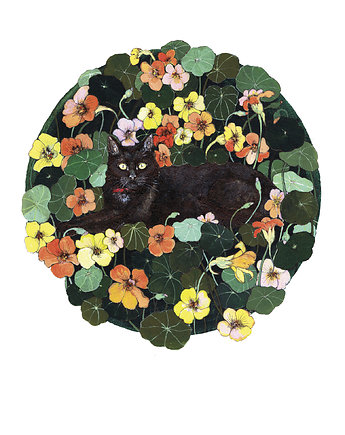 Grafika- Czarny kot i nasturcje, OSOBY - Prezent dla Kobiety