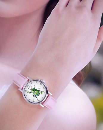 Zegarek  mały - Zielony żuczek - skórzany, pudrowy róż, yenoo