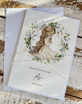 Biała Kartka komunijna ręcznie robiona z imieniem dla dziewczynki, sorte