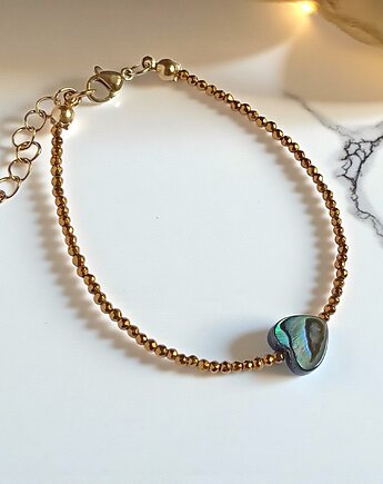 Bransoletka z serduszkiem : muszla PAUA, hematyt złoty, kaktusia