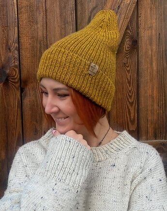 Czapka beanie Musztardowa 100% merino, eddfupanda