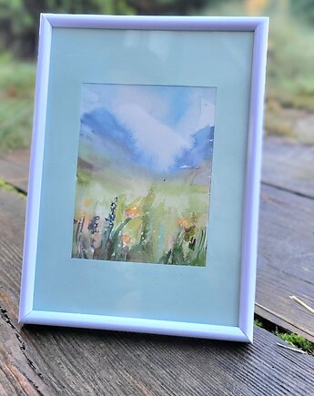 Akwarela ręcznie malowana, oprawiona. Góry, kwiaty., Galeria Alma