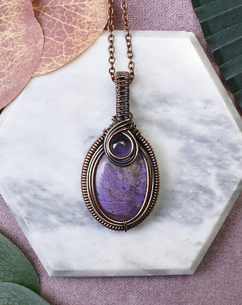 Miedziany wisiorek wire wrapping z purpurytem i ametystem #479, Metal Earth Jewelry