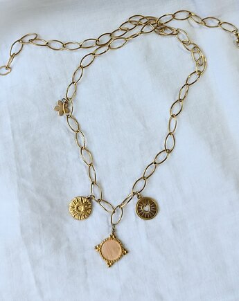 Łańcuch z dużymi ogniwami i medalionami - różowy kwarc, Studio Gazela