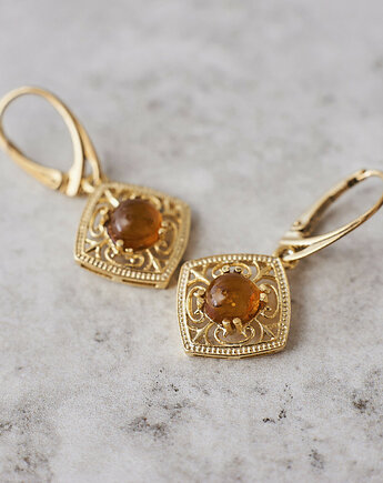 Bursztynowe kolczyki w stylu vintage srebro pozłacane, Amber Charm