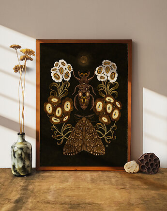 Owady i księżyc ,plakat botaniczny, plakat boho, plakat motyle ćmy, Żaneta Antosik PRINTS