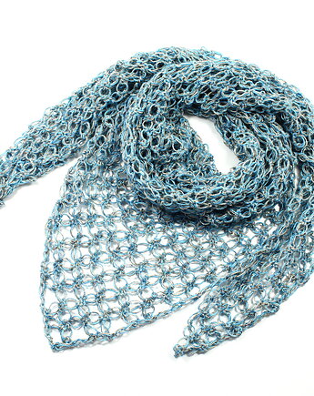 Chusta apaszka ażurowa na szydełku dwukolorowa turkus z szarym, RękaProduction