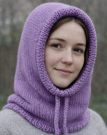 Balaclava oversize kominiarka kaptur zamiast czapki z merino piękny liliowy, splotomaniaa