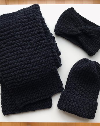 Zestaw czarny czapka szalik opaska miękka i ciepła wełna handmade, GANGSTA KNIT