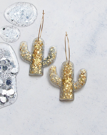UNIKATOWE kolczyki pozłacane z żywicy KAKTUSY glam, kaktusia