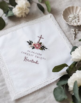 Szatka na Chrzest Święty z imieniem dziecka - haft ręczny kwiatowy wzór, PAPI studio