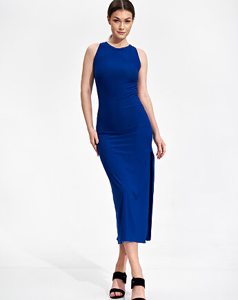 Elegancka dopasowana sukienka midi bez rękawów i z wiązaniem - M864, FIGL