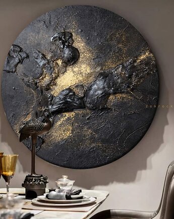 Obraz na płótnie tondo fi 70cm czarno złoty struktura, art and texture