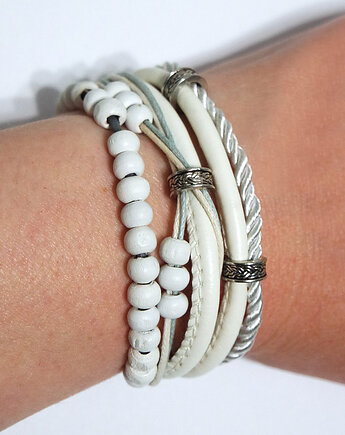 Bransoletka - Biała - rzemienie, drewniane koraliki, yenoo