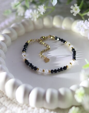 Bransoletka z Kryształem Górskim i Turmalinem - Stal Chirurgiczna Srebrna, Księżycowa bijoux