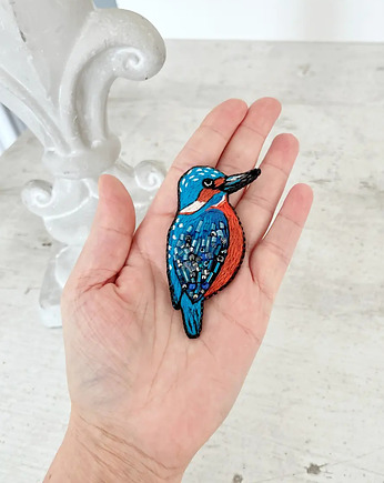 Broszka PTAKI ZIMORODEK 1 ręcznie haftowana przypinka koraliki haft, HAART