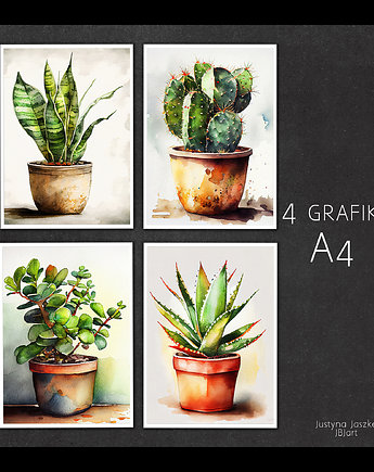 Zestaw 4 grafik A4 - Kocham kwiaty doniczkowe, JBJart Justyna Jaszke