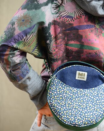 Okrągła Torebka  okrąglaczek  butelkowa zieleń  jeans  kwiaty, MISHIN Bags&More