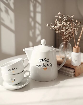Zestaw biały porcelanowy dzbanek 1 litr i 2 filiżanki porcelanowe 250 ml ze s, Nadzwyczajnie