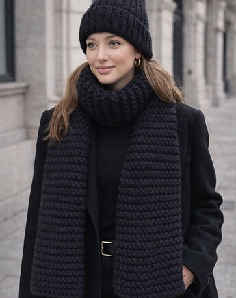 Zestaw czarny czapka szalik miękka i ciepła wełna handmade, GANGSTA KNIT