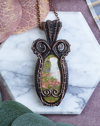Miedziany wisiorek wire wrapping z unakitem #522, Spirit Of Copper