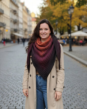 Duża chusta szydełkowa  cegła wino czekolada rękodzieło na prezent, Barwny Zakątek