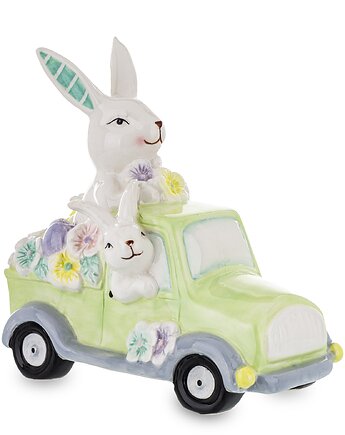 Dekoracja - króliki w samochodzie z kwiatami 20x10,5x19 cm zielony, MIA home