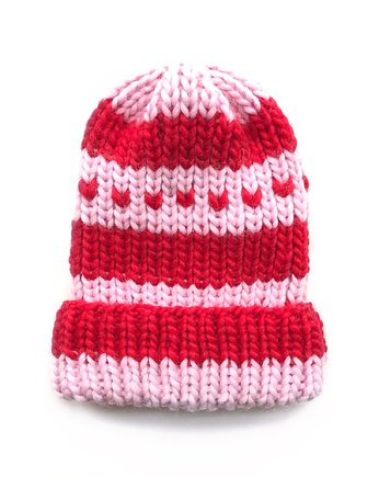 Wełniana walentynkowa czapka Lily serca 100% wełna handmade ręcznie robiona, OKAZJE - Prezent na Walentynki