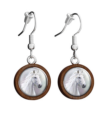 Kolczyki drewniane - Biały koń - wiszące, yenoo