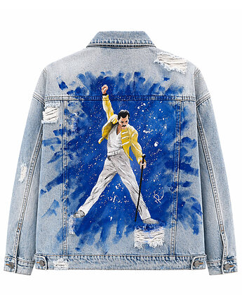 Kurtka jeansowa z portretem Freddy Mercury, rękąROBIONE