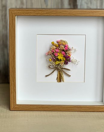 Bukiecik suszonych kwiatów w drewnianej ramce, prezent dla Mamy, Rosa
