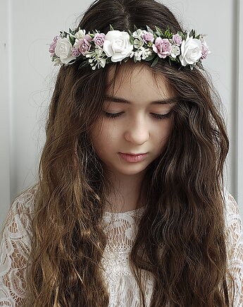 Wianek komunijny jak żywy fioletowo liliowy ,   biel zieleń, Petite Dame