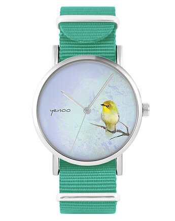 Zegarek - Żółty ptaszek - turkusowy, nylonowy, yenoo