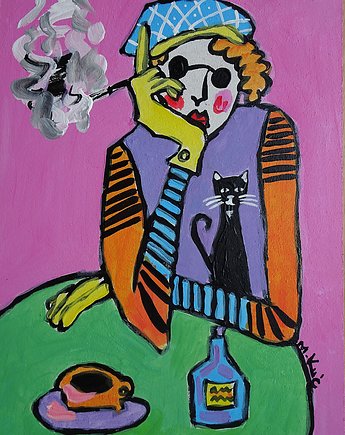 Obraz  fowizm dama babcia z kotkiem, może na papierosa?, alice oil on canvas