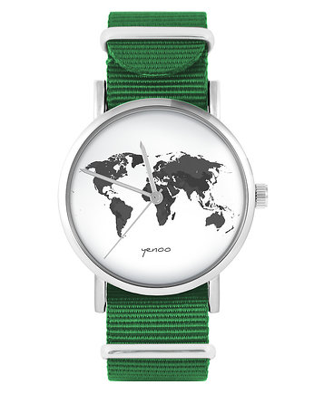 Zegarek - Mapa świata - zielony, nylonowy, yenoo