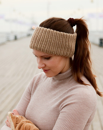 Podwójnie ciepła beżowa opaska merino na mroźny wiatr, Holy Alpaca Knit