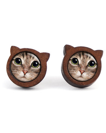 Kolczyki drewniane - Kot, tygrysek - sztyfty, yenoo