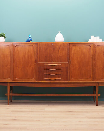 Highboard tekowy, duński design, lata 60, produkcja: Dania, Przetwory design