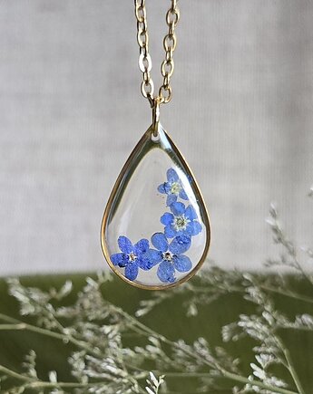 Złoty wisiorek prawdziwe kwiaty zawieszka łezka łza niezapominajki