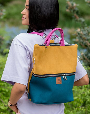 Plecak / torba 2 w 1 z nubuku tapicerskiego w kolorze musztardowym, Karolina Audycka