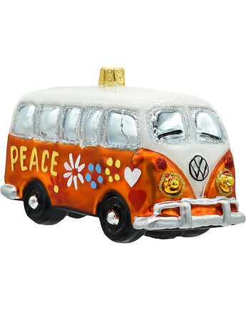 Bombka choinkowa szklana ręcznie malowana: Samochód van hippie: pomarańczowy, Syn Bombkarza